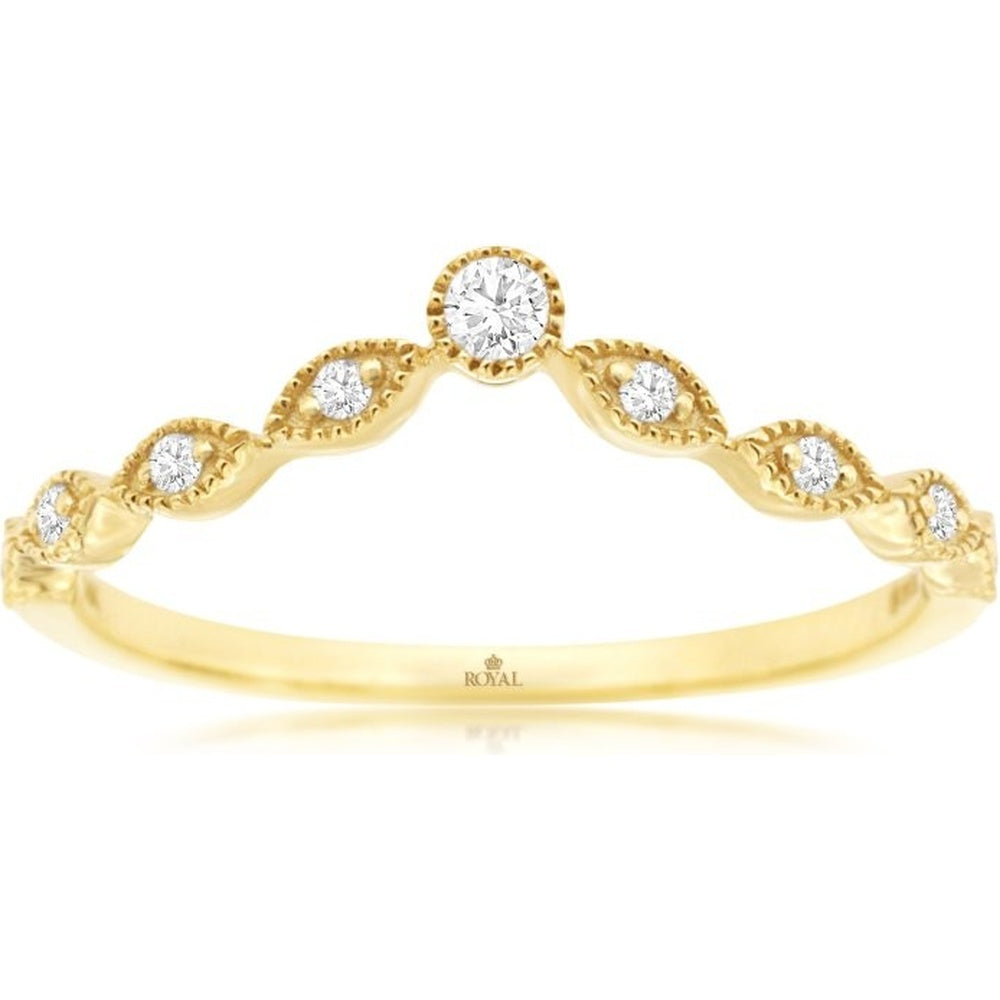 14K Yellow Gold Curved Contour Wedding Band with Milgrain-Edge Round Diamonds - 0.10 Carat Total Diamond Weight - Royal Jewelry