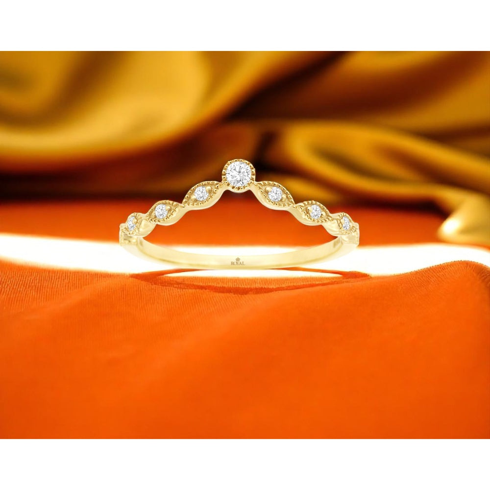 14K Yellow Gold Curved Contour Wedding Band with Milgrain-Edge Round Diamonds - 0.10 Carat Total Diamond Weight - Royal Jewelry