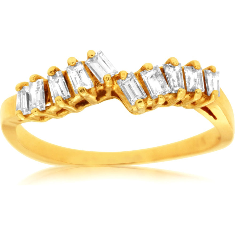 14K Yellow Gold Curved Contour Wedding Band with Prong Set Baguette Diamonds - 0.60 Carat Total Diamond Weight - Royal Jewelry