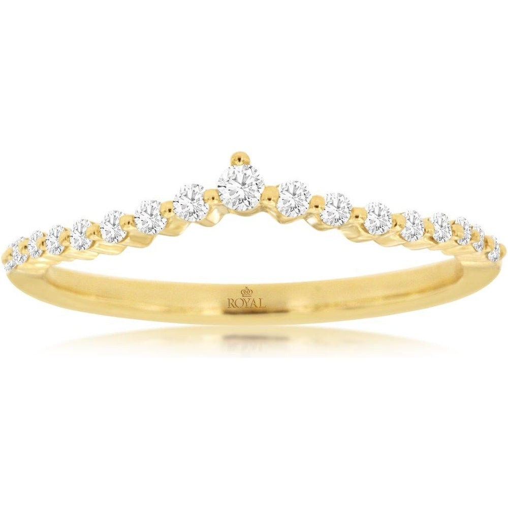 14K Yellow Gold Curved Contoured Wedding Band with Shared-Prong Set Round Diamonds - 0.16 Carat Total Diamond Weight - Royal Jewelry