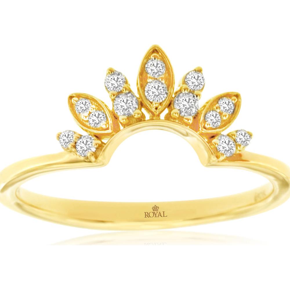 14K Yellow Gold Curved Crown Diamond Ring with Marquise Motif and Round Diamond Accents - 0.16 Carat Total Diamond Weight - Royal Jewelry