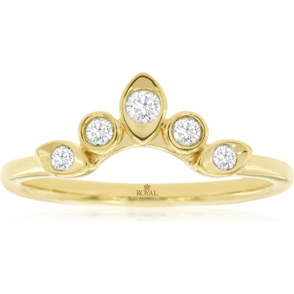 14K Yellow Gold Curved Crown Ring with Bezel-Set Round Diamonds - 0.15 Carat Total Diamond Weight - Royal Jewelry