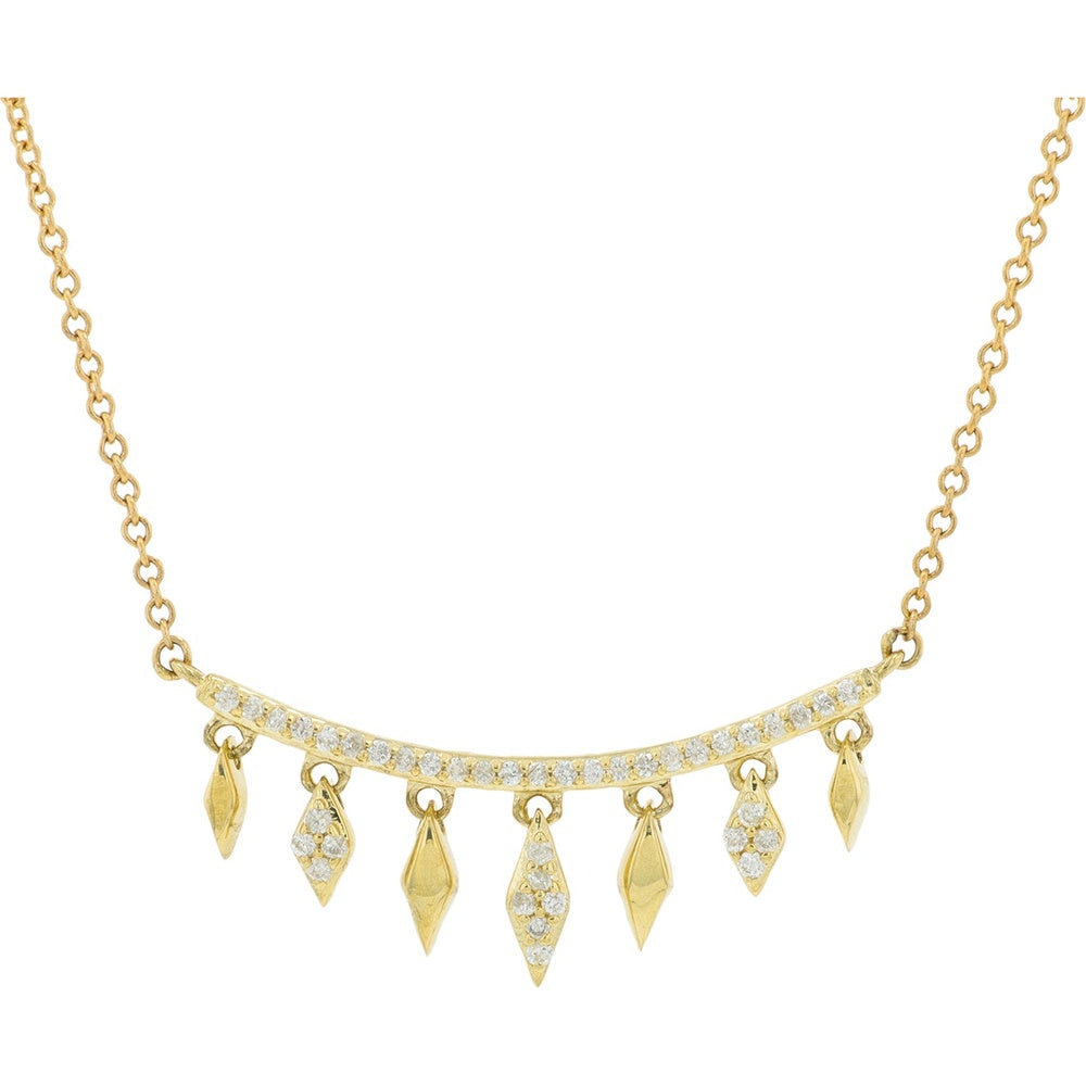 14K Yellow Gold Curved Diamond Bar Necklace with Alternating Kite-Shaped Diamond and Gold Drops - 0.10 Carat Total Diamond Weight