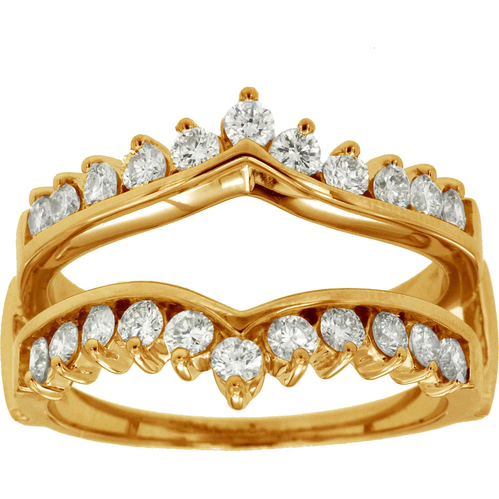 14K Yellow Gold Curved Double Band Chevron Ring with Prong-Set Round Diamonds - 0.85 Carat Total Diamond Weight - Royal Jewelry