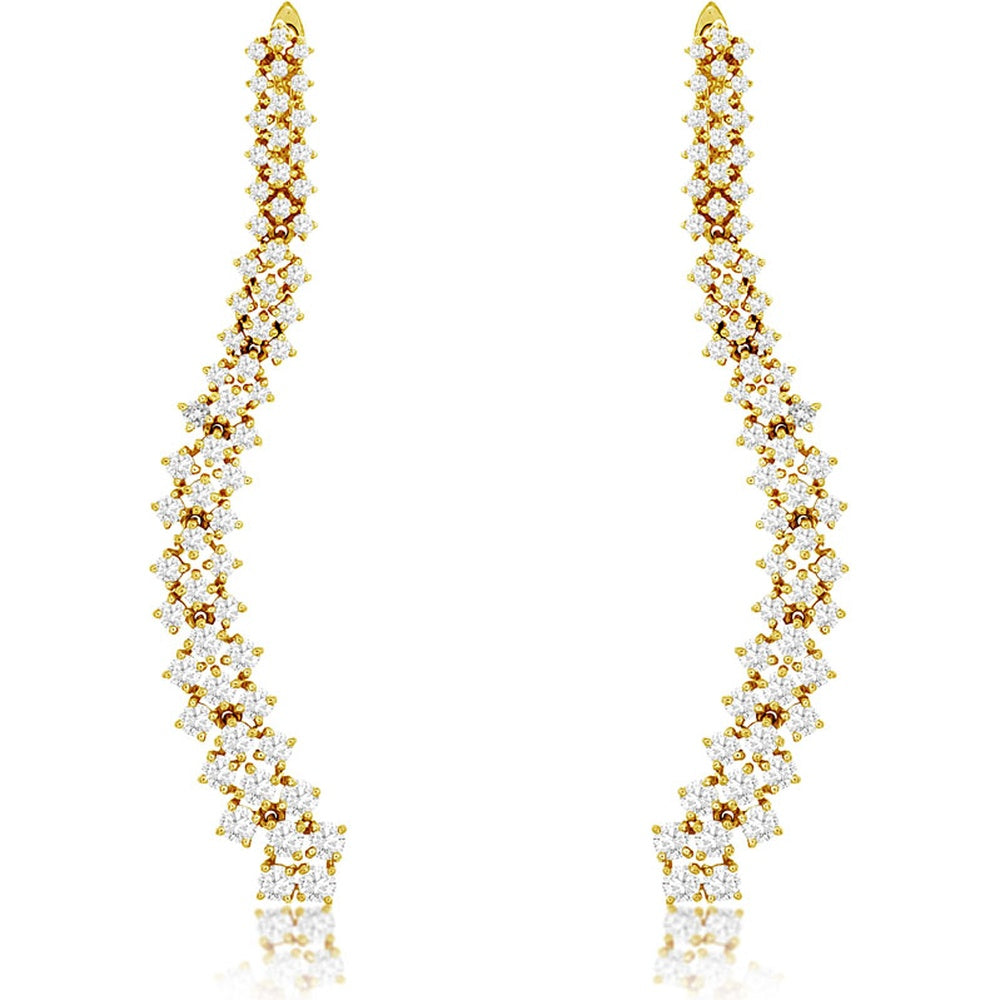 14K Yellow Gold Curved Drop Earrings with Floral Cluster Round Diamonds - 3.58 Carat Total Diamond Weight - Royal Jewelry