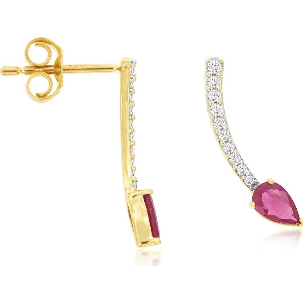 14K Yellow Gold Curved Drop Earrings with Pear Shape Rubies and Round Diamond Accents - 0.44 Carat Total Ruby Weight, 0.11 Carat Total Diamond Weight - Royal Jewelry