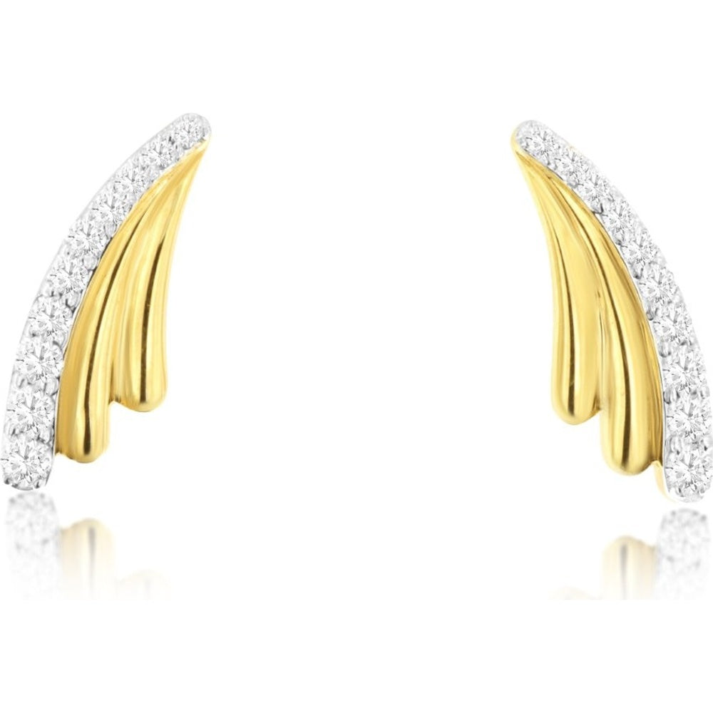 14K Yellow Gold Curved Free-Form Earrings with Pavé-Set Round Diamonds - 0.26 Carat Total Diamond Weight - Royal Jewelry