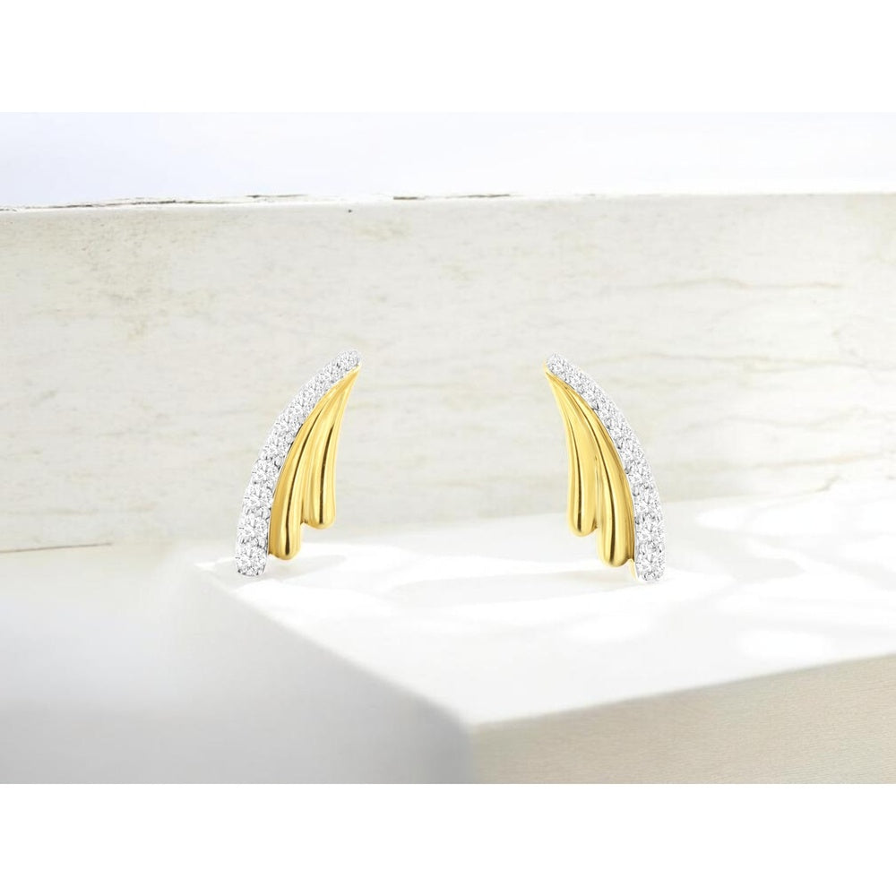 14K Yellow Gold Curved Free-Form Earrings with Pavé-Set Round Diamonds - 0.26 Carat Total Diamond Weight - Royal Jewelry