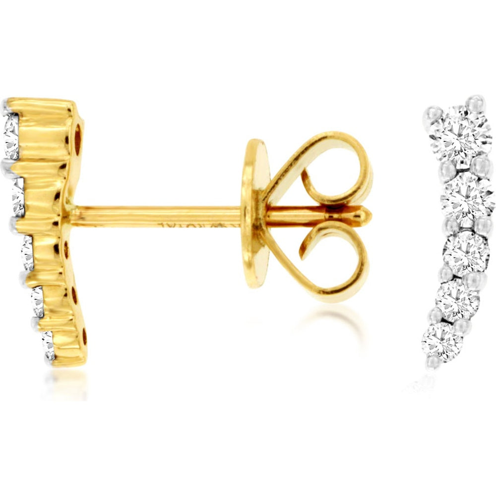 14K Yellow Gold Curved Graduating Diamond Stud Earrings with Prong-Set Round Diamonds - 0.20 Carat Total Diamond Weight - Royal Jewelry