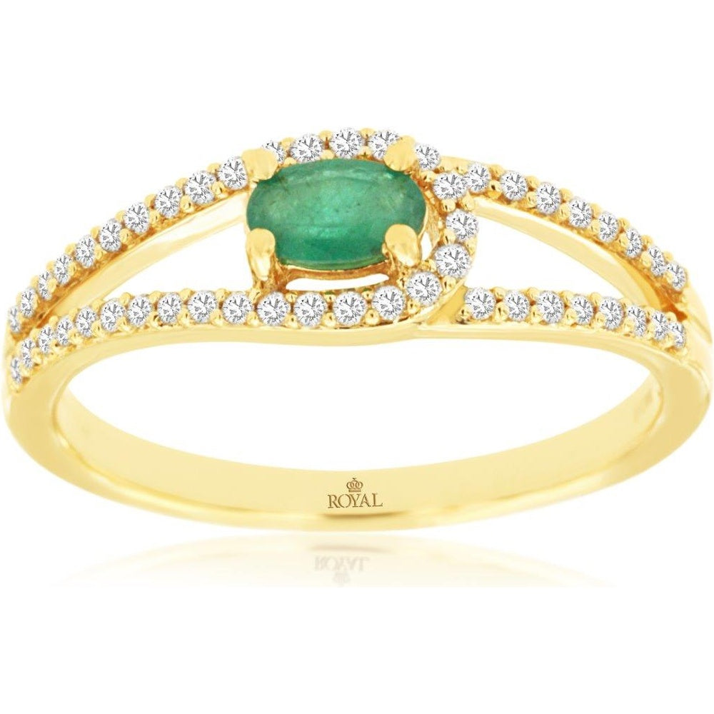 14K Yellow Gold Curved Halo Ring with Oval Emerald and Pavé Set Round Diamonds - 0.22 Carat Emerald and 0.20 Carat Total Diamond Weight - Royal Jewelry
