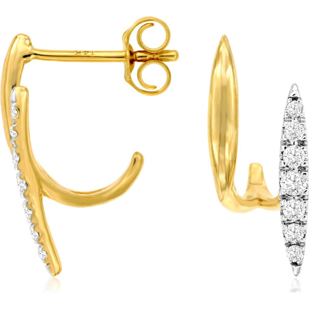 14K Yellow Gold Curved Hoop Stud Earrings with Prong-Set Round Diamonds - 0.20 Carat Total Diamond Weight - Royal Jewelry