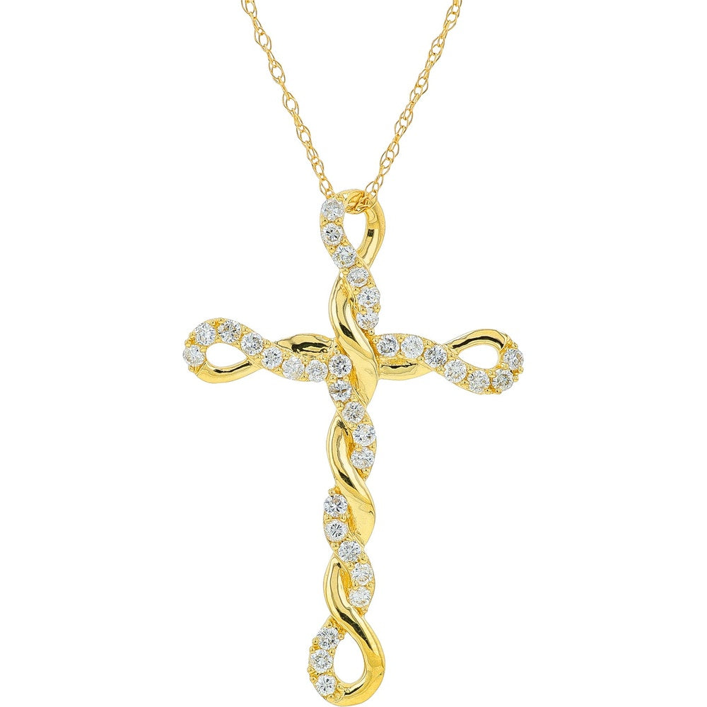 14K Yellow Gold Curved Ribbon Cross Pendant with Prong-Set Round Diamonds - 0.30 Carat Total Diamond Weight