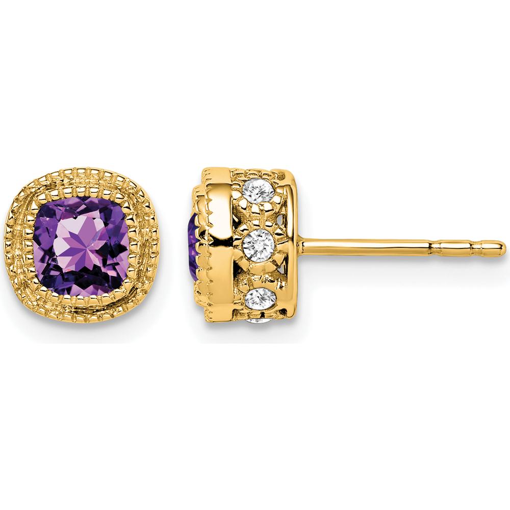 14K Yellow Gold Cushion Amethyst and Diamond Earrings - 0.33 Carat Total Amethyst Weight, 0.02 Carat Total Diamond Weight by Monteluci Fine Jewelry
