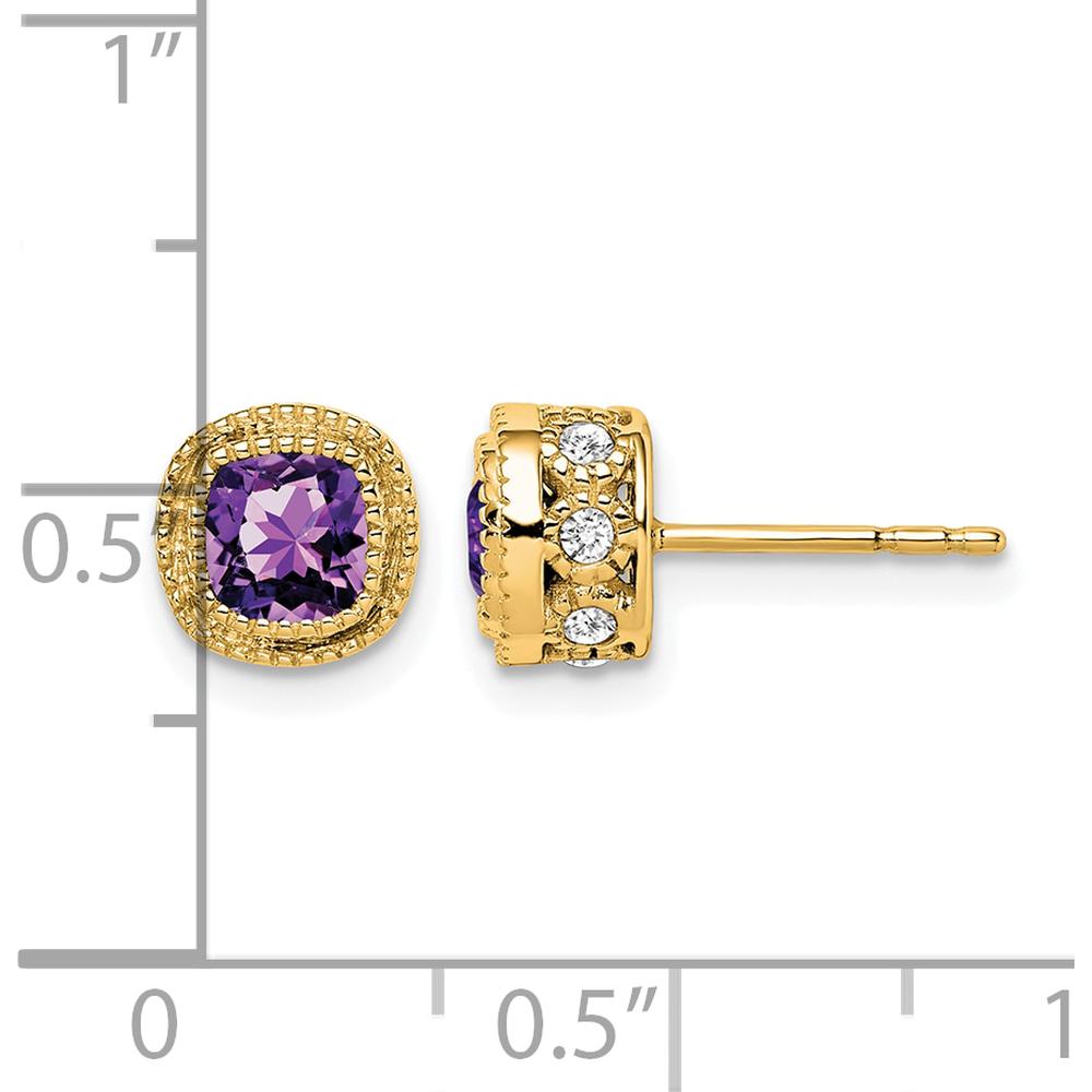 14K Yellow Gold Cushion Amethyst and Diamond Earrings - 0.33 Carat Total Amethyst Weight, 0.02 Carat Total Diamond Weight by Monteluci Fine Jewelry
