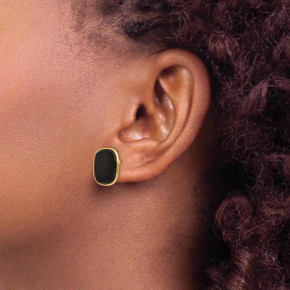 14K Yellow Gold Cushion Black Onyx Stud Earrings - Polished Bezel Set, 17mm by Oro Pregiato