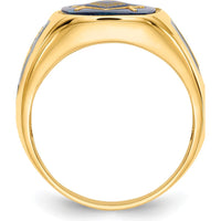 14K Yellow Gold Cushion Blue Spinel Masonic Ring with Antiqued Enamel Detailing by Monteluci Fine Jewelry