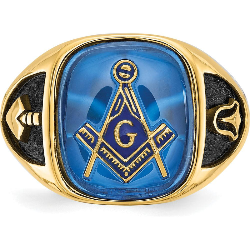 14K Yellow Gold Cushion Blue Spinel Masonic Ring with Antiqued Enamel Detailing by Monteluci Fine Jewelry