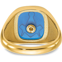14K Yellow Gold Cushion Blue Spinel Masonic Ring with Antiqued Enamel Detailing by Monteluci Fine Jewelry