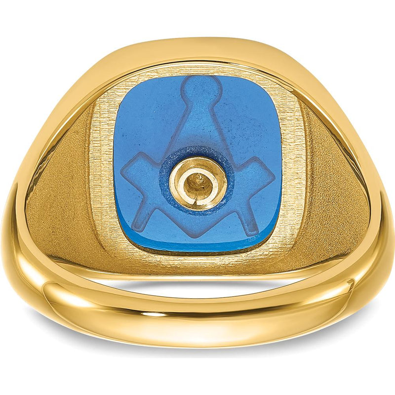 14K Yellow Gold Cushion Blue Spinel Masonic Ring with Antiqued Enamel Detailing by Monteluci Fine Jewelry
