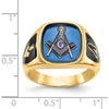 14K Yellow Gold Cushion Blue Spinel Masonic Ring with Antiqued Enamel Detailing by Monteluci Fine Jewelry