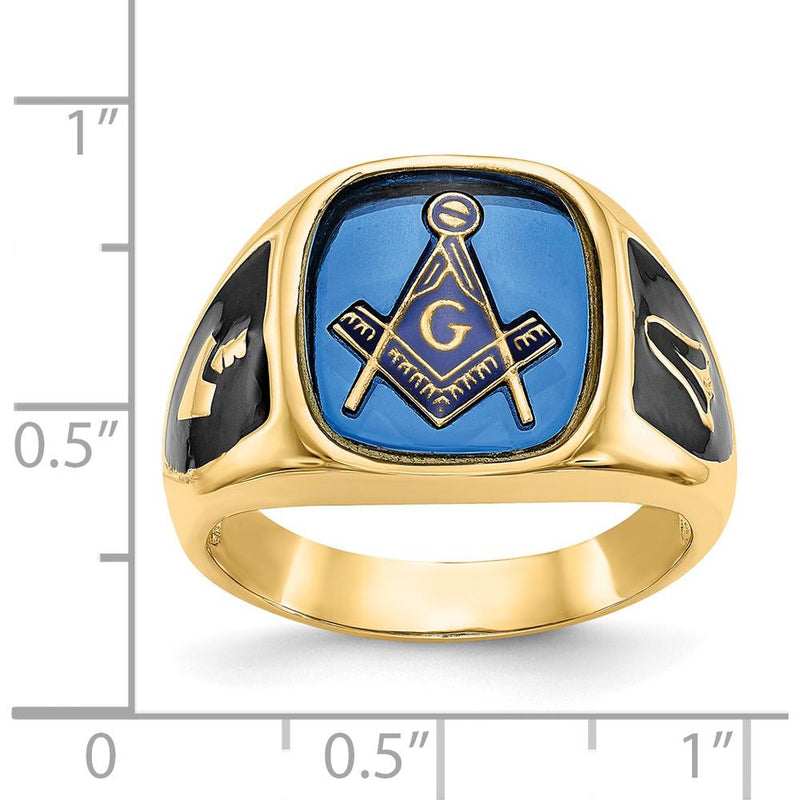 14K Yellow Gold Cushion Blue Spinel Masonic Ring with Antiqued Enamel Detailing by Monteluci Fine Jewelry