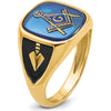 14K Yellow Gold Cushion Blue Spinel Masonic Ring with Antiqued Enamel Detailing by Monteluci Fine Jewelry