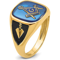 14K Yellow Gold Cushion Blue Spinel Masonic Ring with Antiqued Enamel Detailing by Monteluci Fine Jewelry