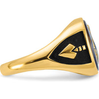 14K Yellow Gold Cushion Blue Spinel Masonic Ring with Antiqued Enamel Detailing by Monteluci Fine Jewelry