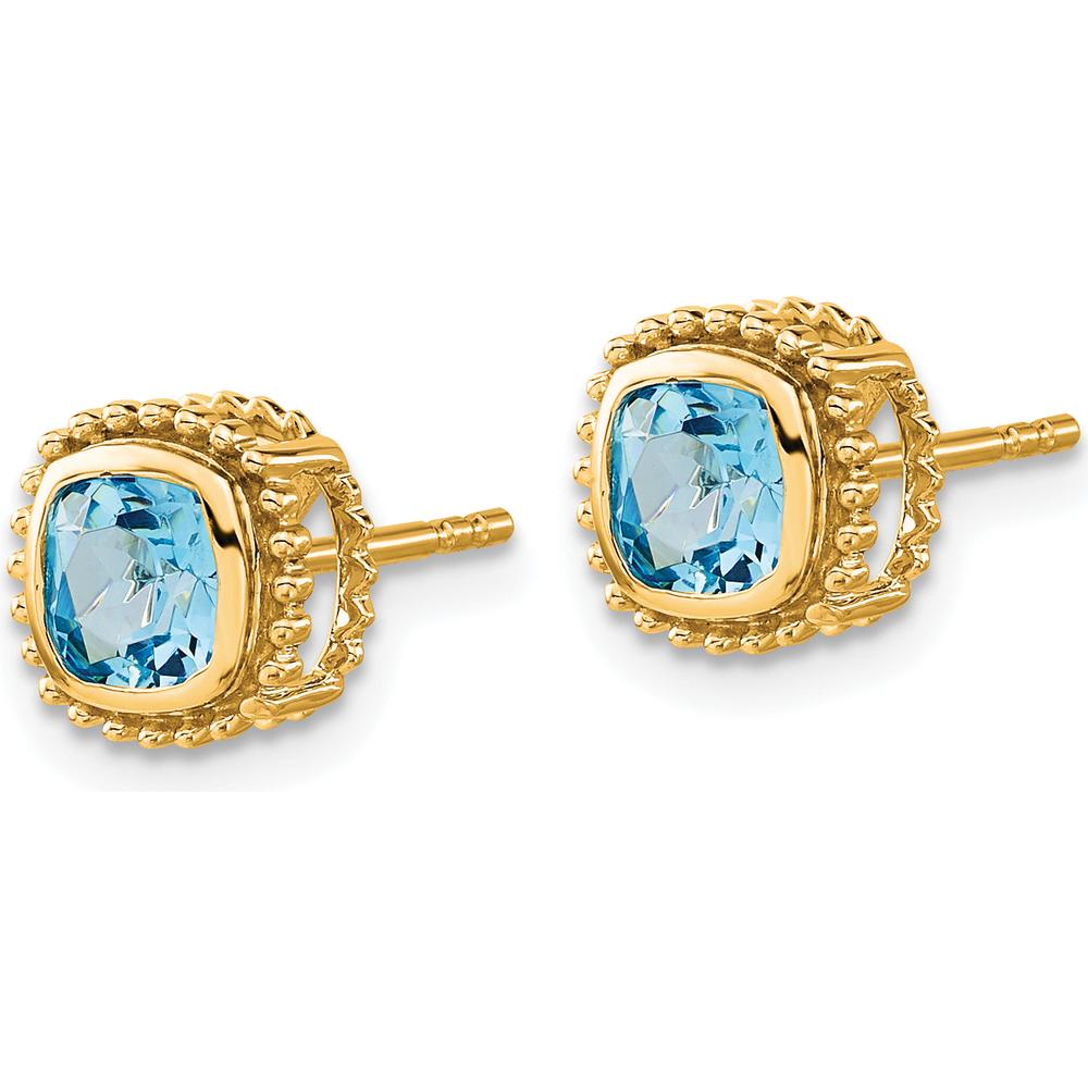 14K Yellow Gold Cushion Blue Topaz Earrings - 1.4 Carat Total Gem Weight by Monteluci Fine Jewelry