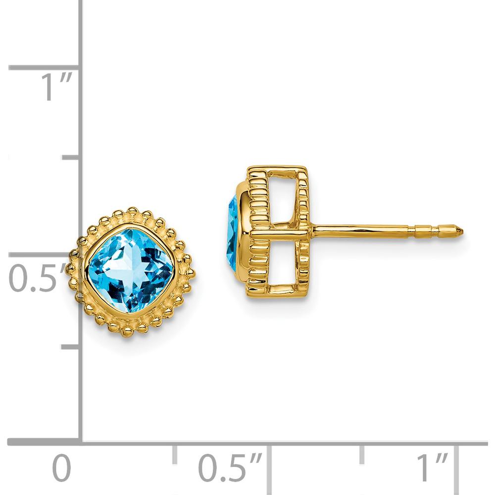 14K Yellow Gold Cushion Blue Topaz Earrings - 1.4 Carat Total Gem Weight by Monteluci Fine Jewelry