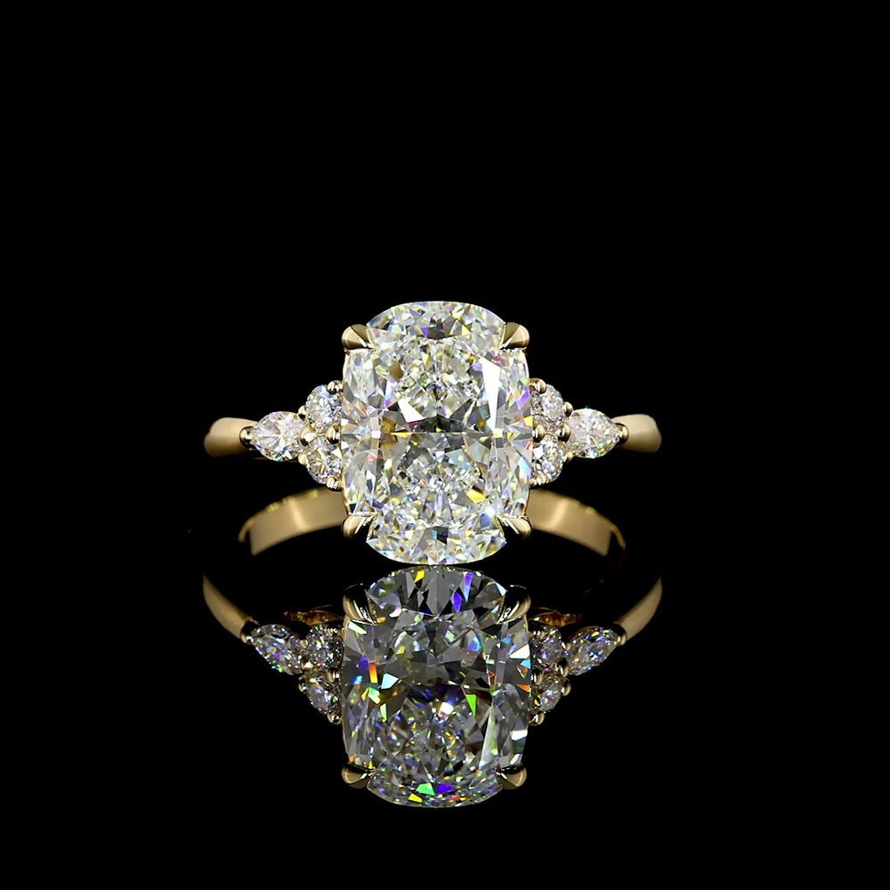 14K Yellow Gold Cushion Brilliant Cut Lab Diamond Ring with Marquise and Round Accents - 3.25 Carat Total Diamond Weight, IGI Certified - Covaloro Fine Jewelry