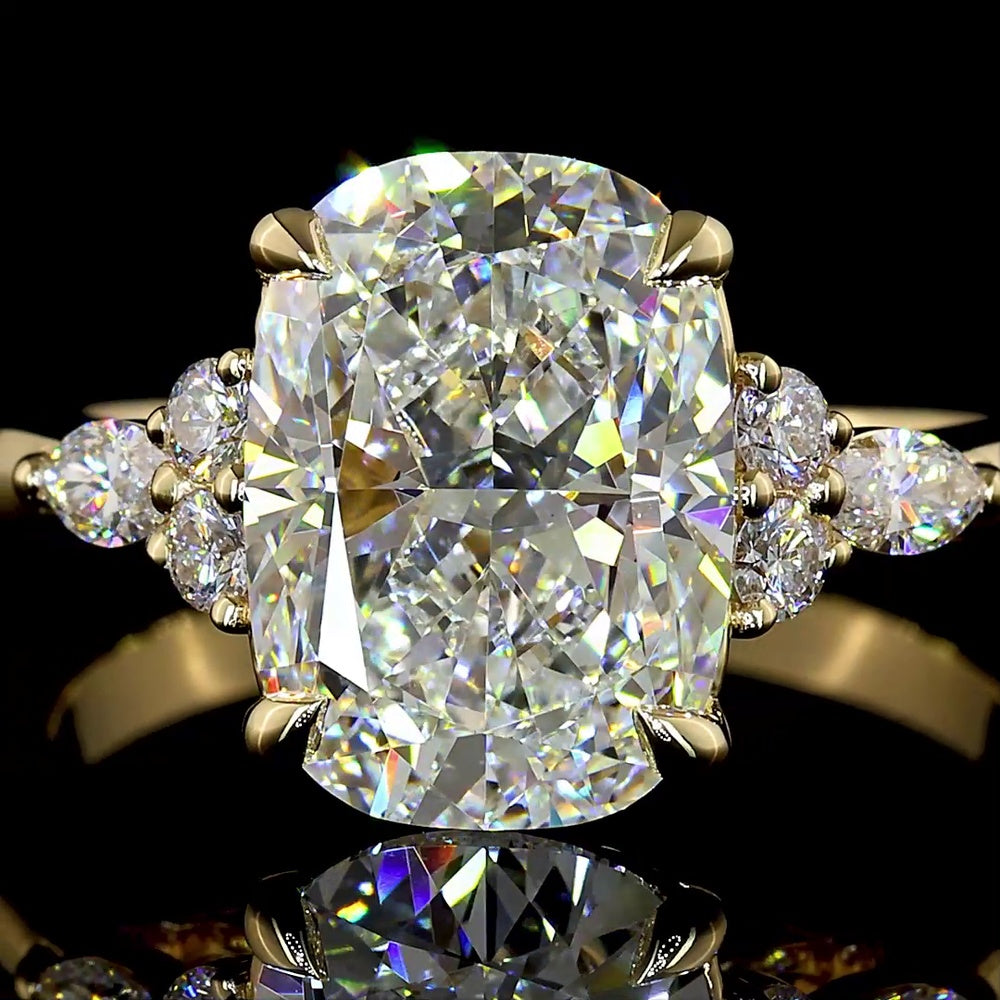 14K Yellow Gold Cushion Brilliant Cut Lab Diamond Ring with Marquise and Round Accents - 3.25 Carat Total Diamond Weight, IGI Certified - Covaloro Fine Jewelry