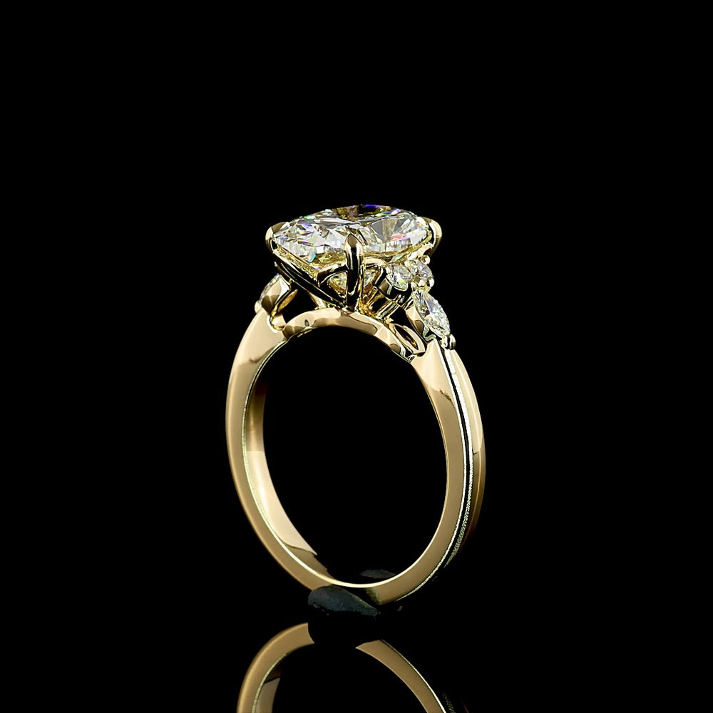 14K Yellow Gold Cushion Brilliant Cut Lab Diamond Ring with Marquise and Round Accents - 3.25 Carat Total Diamond Weight, IGI Certified - Covaloro Fine Jewelry