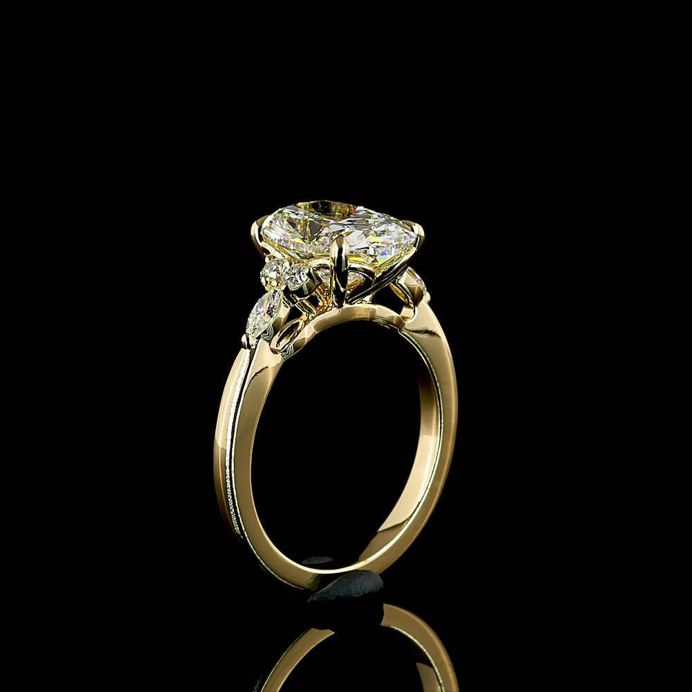 14K Yellow Gold Cushion Brilliant Cut Lab Diamond Ring with Marquise and Round Accents - 3.25 Carat Total Diamond Weight, IGI Certified - Covaloro Fine Jewelry