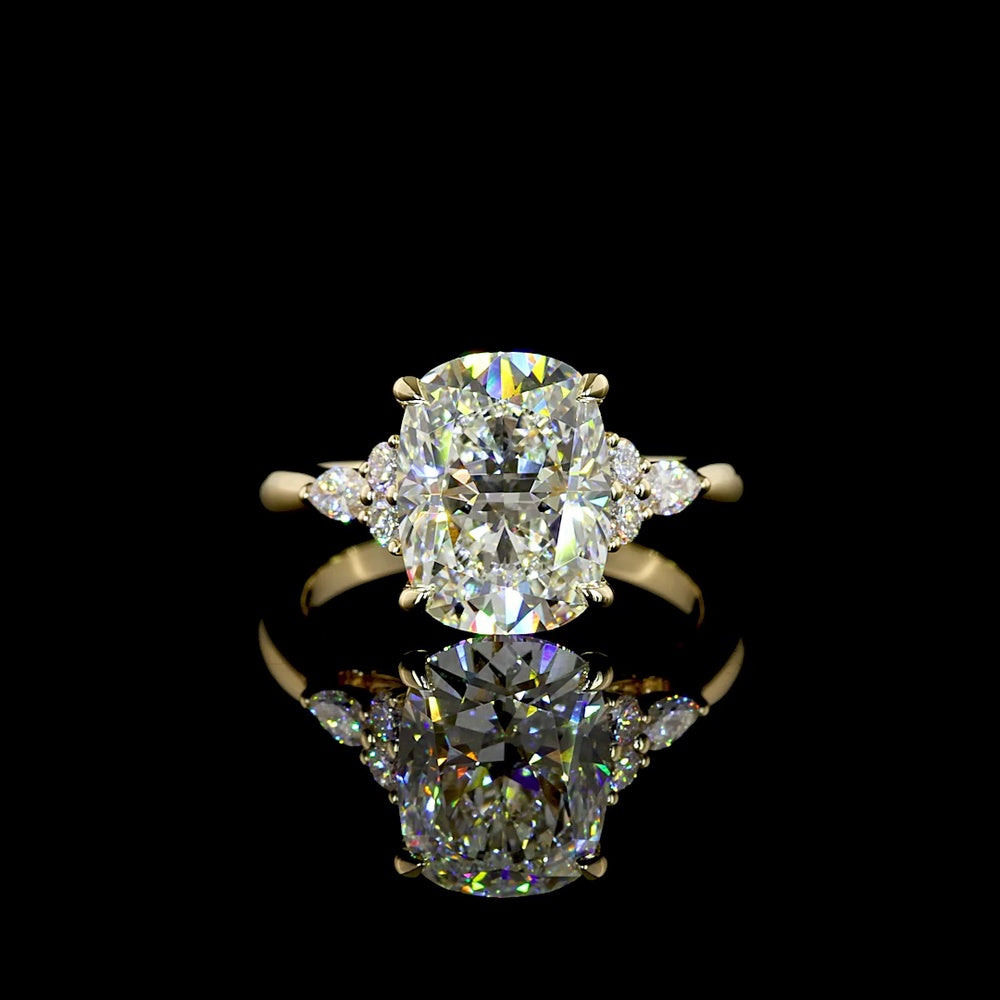 14K Yellow Gold Cushion Brilliant Cut Lab Diamond Ring with Marquise and Round Side Stones - 3.36 Carat Center, 3.6 Total Carat Weight - Covaloro Fine Jewelry