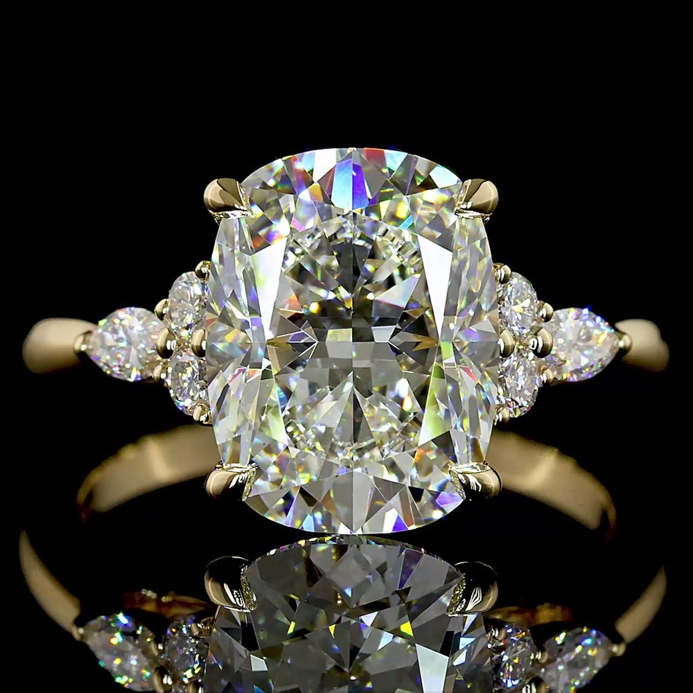 14K Yellow Gold Cushion Brilliant Cut Lab Diamond Ring with Marquise and Round Side Stones - 3.36 Carat Center, 3.6 Total Carat Weight - Covaloro Fine Jewelry