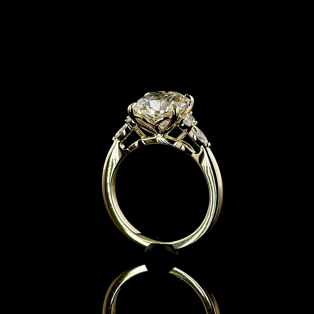 14K Yellow Gold Cushion Brilliant Cut Lab Diamond Ring with Marquise and Round Side Stones - 3.36 Carat Center, 3.6 Total Carat Weight - Covaloro Fine Jewelry