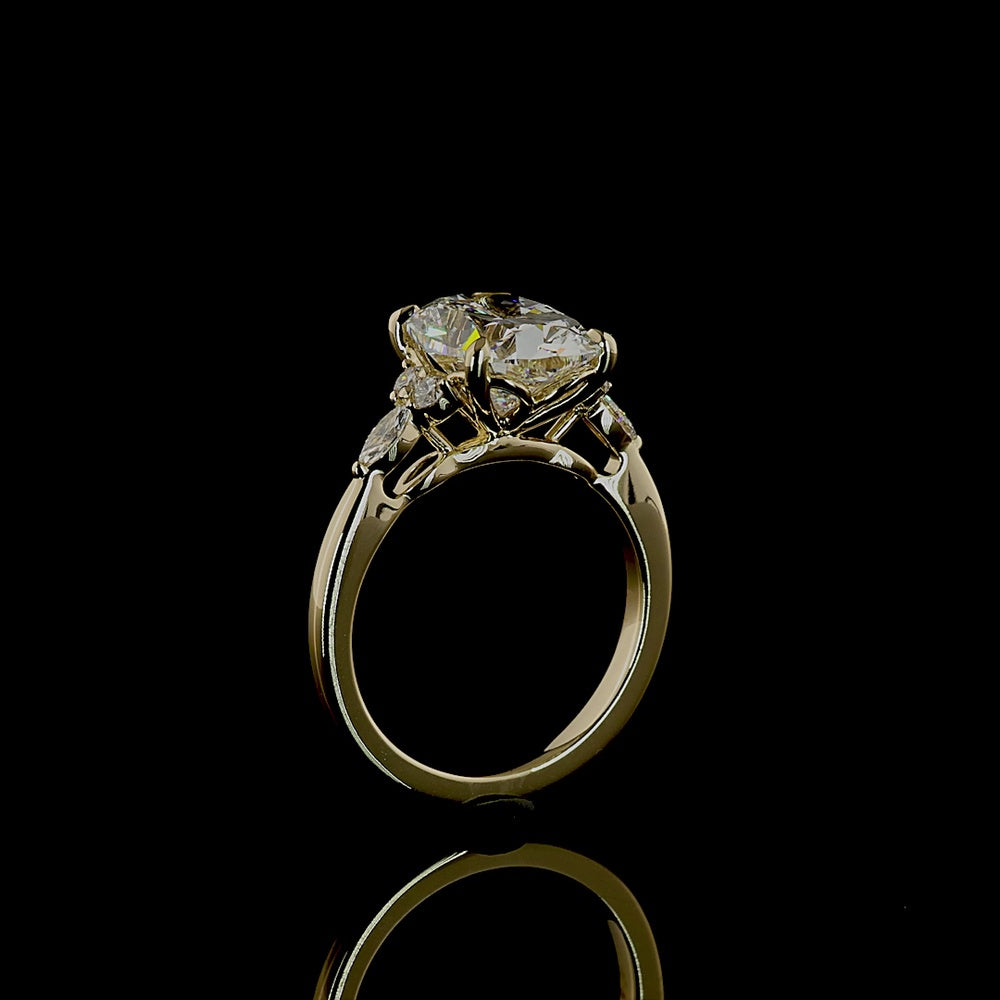 14K Yellow Gold Cushion Brilliant Cut Lab Diamond Ring with Marquise and Round Side Stones - 3.36 Carat Center, 3.6 Total Carat Weight - Covaloro Fine Jewelry