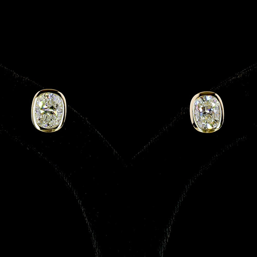 14K Yellow Gold Cushion Brilliant Cut Lab Diamond Stud Earrings - 4.76 Carat Total Weight, E-F Color VVS2 Clarity, Bezel Set - Covaloro Fine Jewelry
