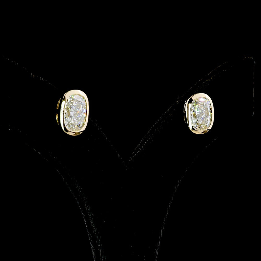 14K Yellow Gold Cushion Brilliant Cut Lab Diamond Stud Earrings - 4.76 Carat Total Weight, E-F Color VVS2 Clarity, Bezel Set - Covaloro Fine Jewelry