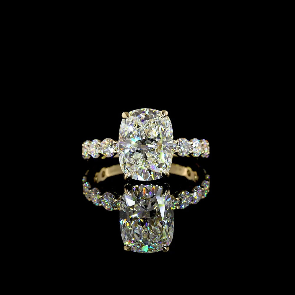 14K Yellow Gold Cushion Brilliant Cut Solitaire Diamond Shank Ring with E VVS2 Center and Accent Diamonds - 5.55 Carats Total Diamond Weight - Covaloro Fine Jewelry