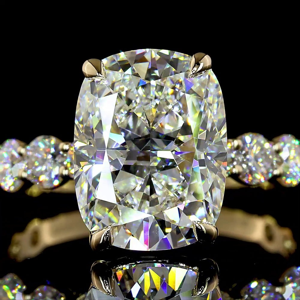 14K Yellow Gold Cushion Brilliant Cut Solitaire Diamond Shank Ring with E VVS2 Center and Accent Diamonds - 5.55 Carats Total Diamond Weight - Covaloro Fine Jewelry