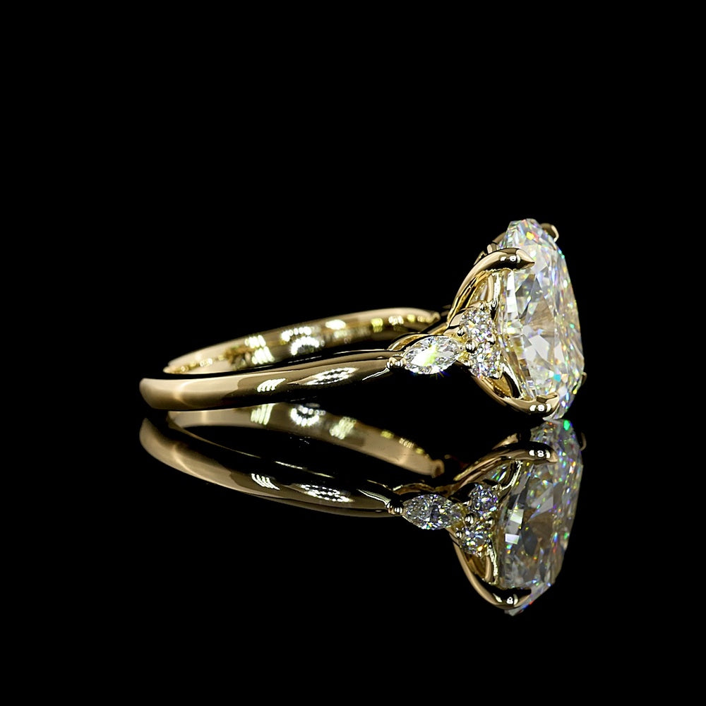 14K Yellow Gold Cushion Brilliant Lab Diamond Engagement Ring with Marquise and Round Accents - 4.78 Carats Total Diamond Weight - Covaloro Fine Jewelry