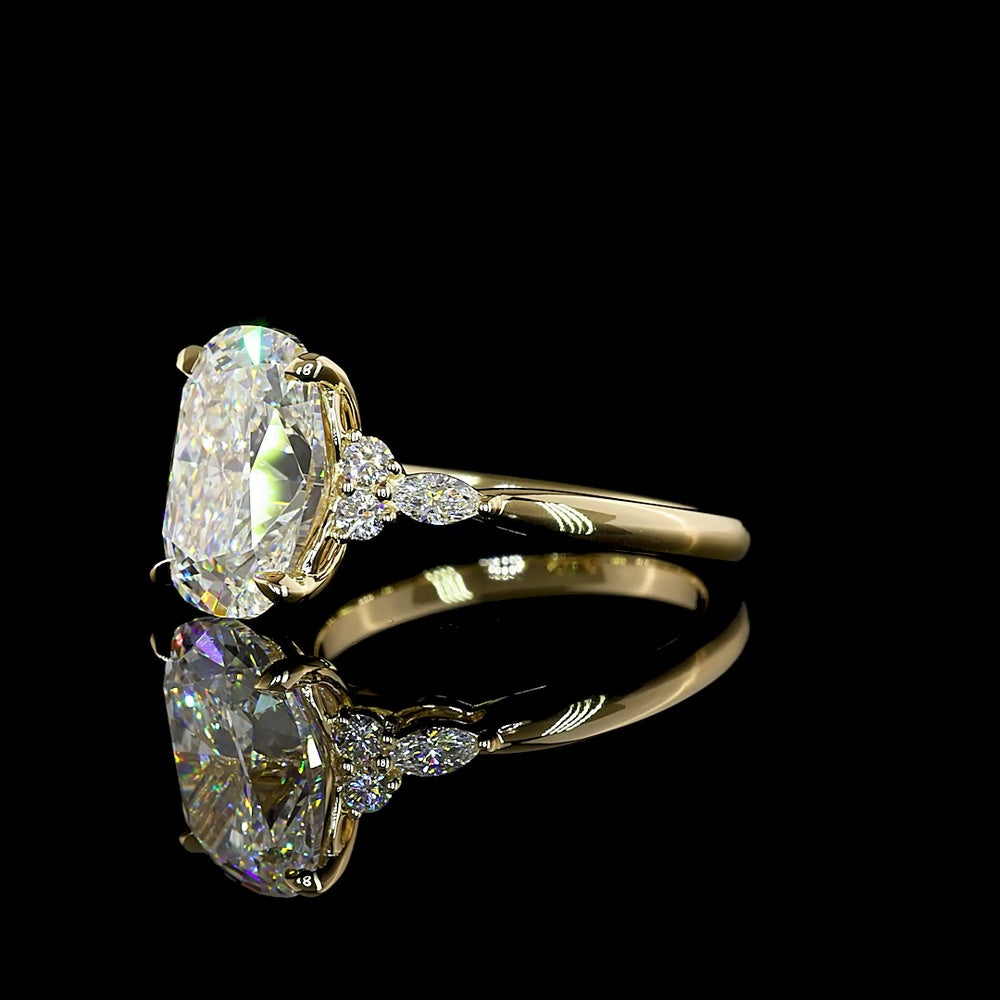 14K Yellow Gold Cushion Brilliant Lab Diamond Engagement Ring with Marquise and Round Accents - 4.78 Carats Total Diamond Weight - Covaloro Fine Jewelry