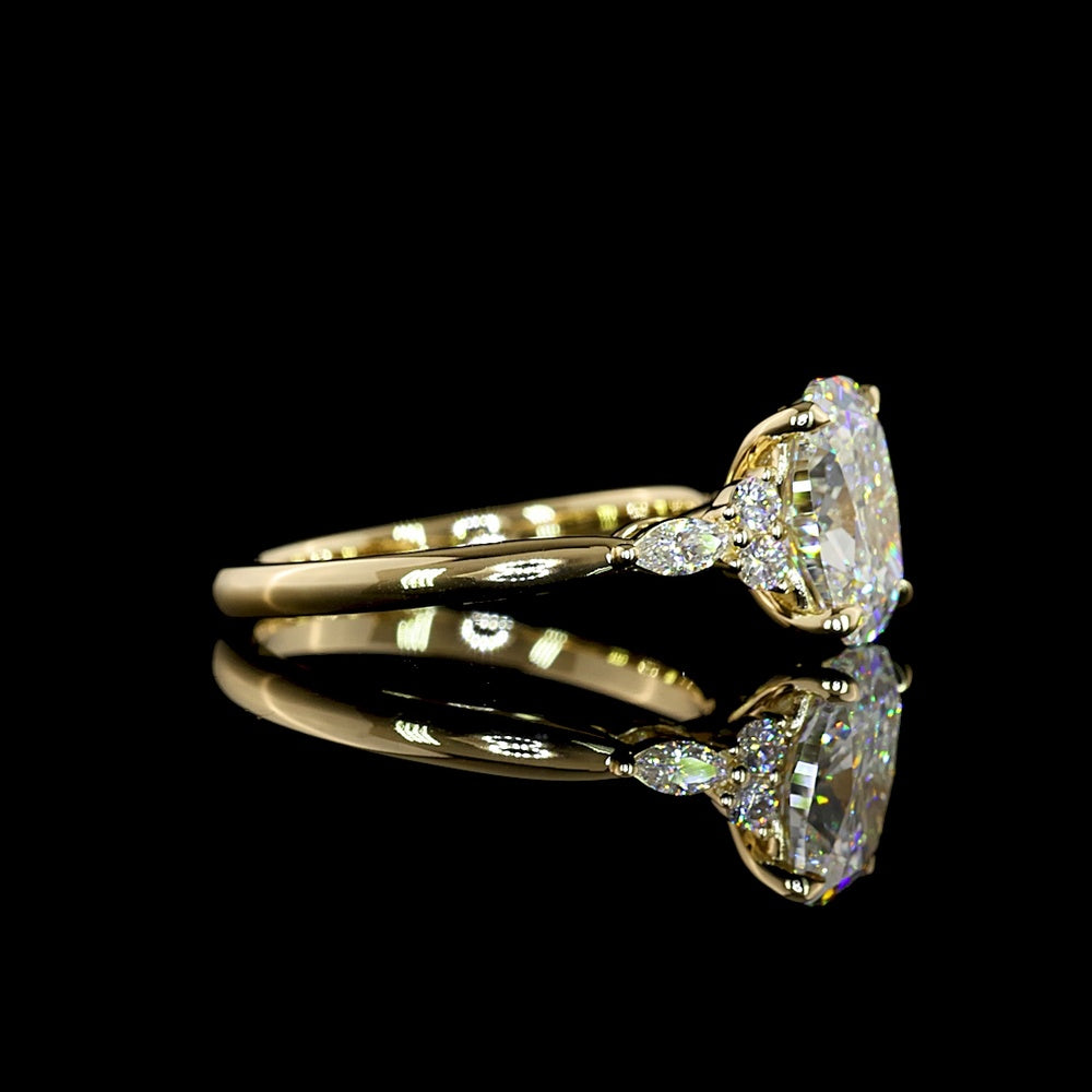 14K Yellow Gold Cushion Brilliant Lab Diamond Ring with North-South Cluster of Round and Marquise Diamonds - 2.87 Carat Total Weight - Covaloro Fine Jewelry