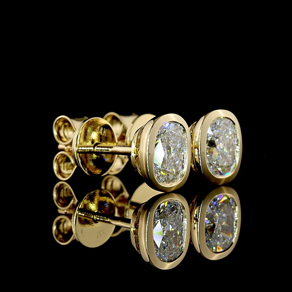 14K Yellow Gold Cushion Brilliant Lab Diamond Stud Earrings - 1.05 Carat Total Weight, Bezel Set E-F VVS2 IGI - Covaloro Fine Jewelry