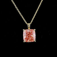 14K Yellow Gold Cushion Brilliant Solitaire Pendant with Fancy Vivid Pink Lab Diamond - 3.56 Carat Total Weight - Covaloro Fine Jewelry