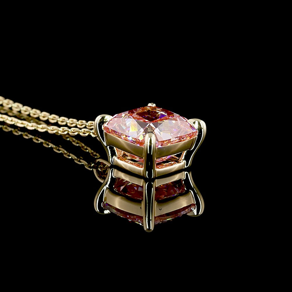 14K Yellow Gold Cushion Brilliant Solitaire Pendant with Fancy Vivid Pink Lab Diamond - 3.56 Carat Total Weight - Covaloro Fine Jewelry