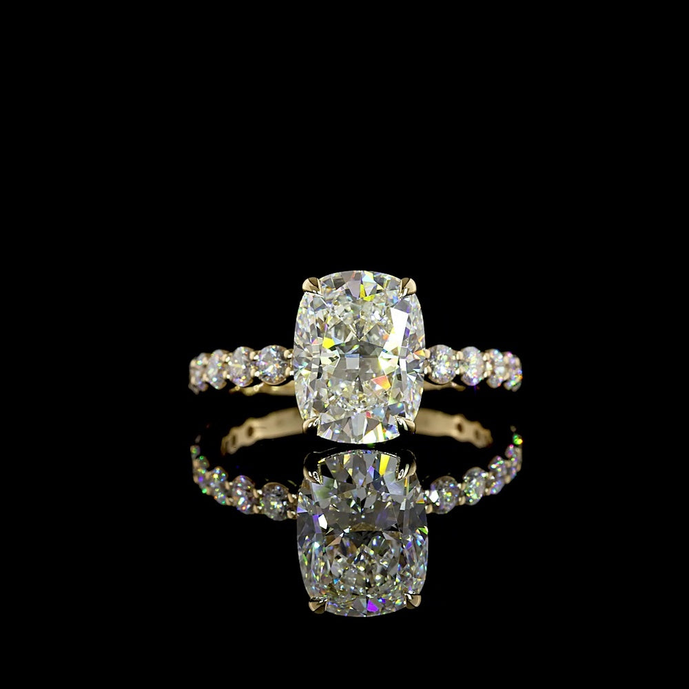 14K Yellow Gold Cushion Brilliant Solitaire Ring with 3.01 Carats D VVS2 Lab Diamond and 0.82 Carats E VS1 Side Diamonds - 3.83 Carats Total Diamond Weight - Covaloro Fine Jewelry