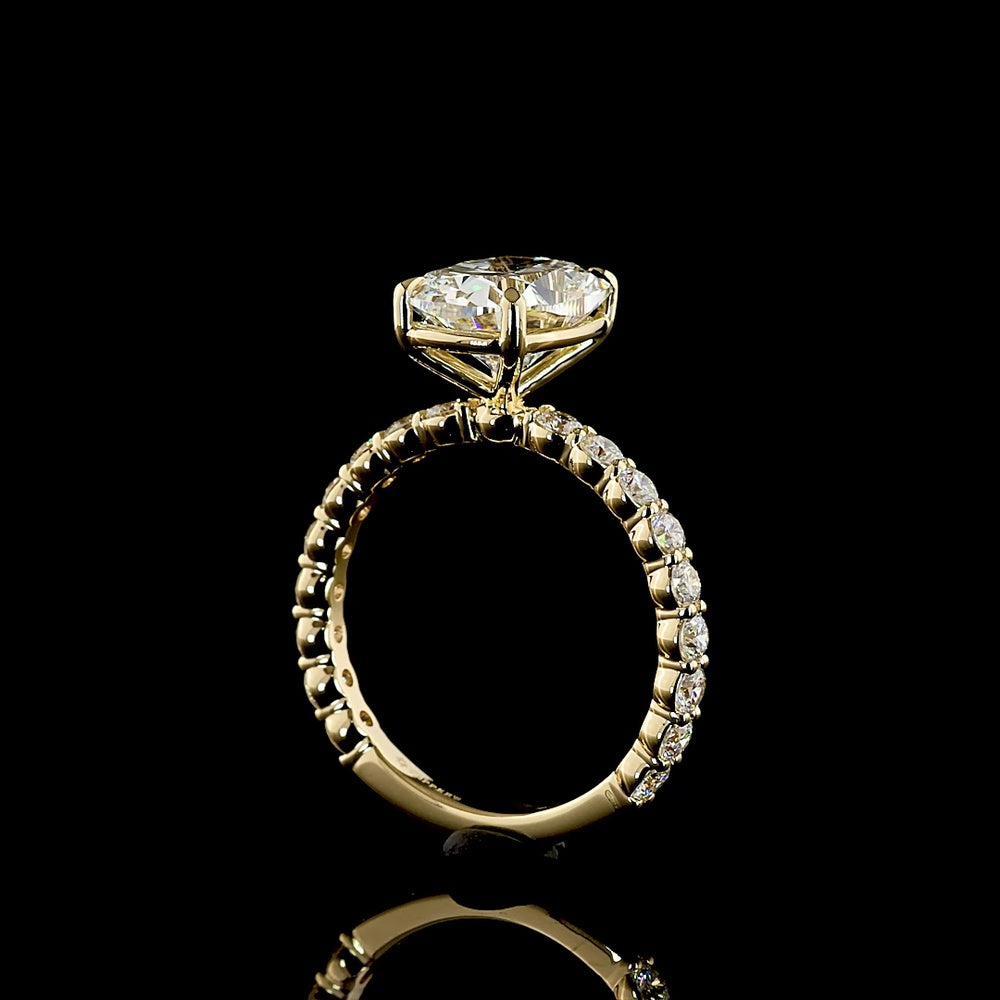 14K Yellow Gold Cushion Brilliant Solitaire Ring with 3.01 Carats D VVS2 Lab Diamond and 0.82 Carats E VS1 Side Diamonds - 3.83 Carats Total Diamond Weight - Covaloro Fine Jewelry